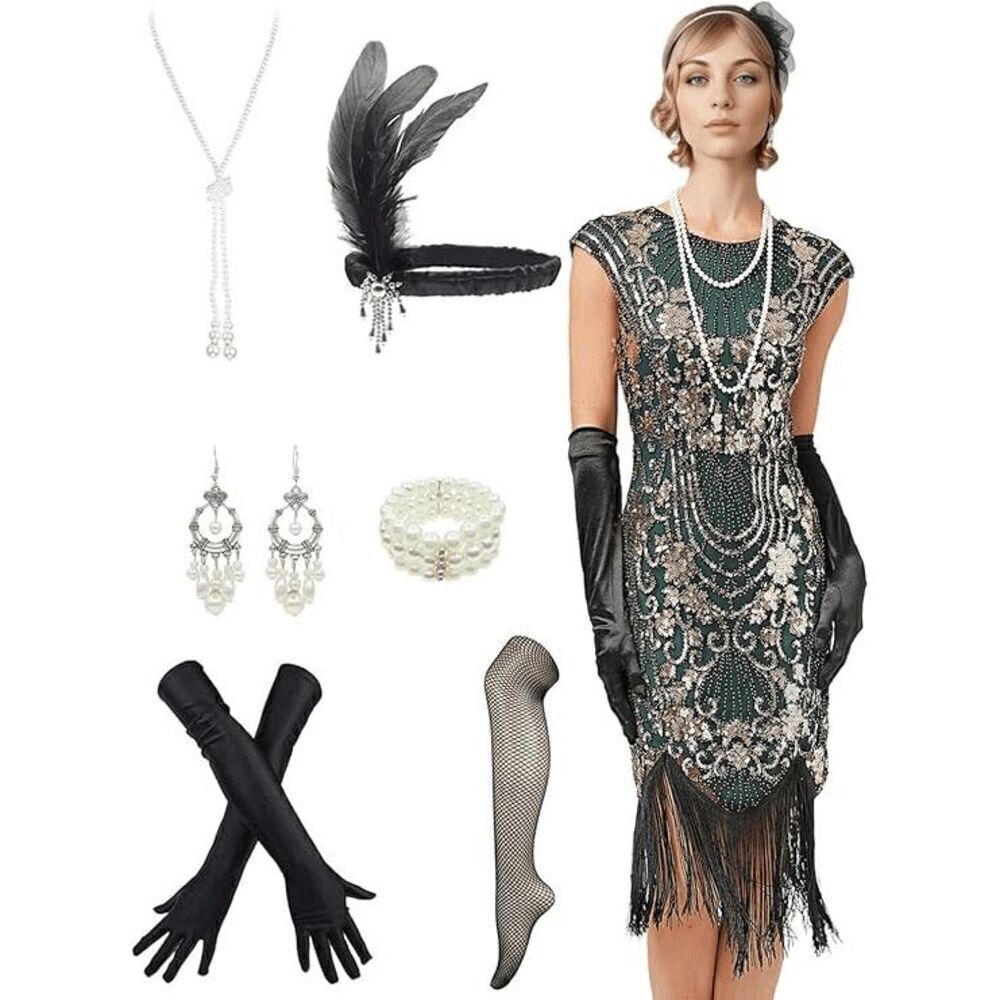 💚✨ 7PCS 1920s Great Gatsby Flapper Green Sequin Dress & Accessories Set 3XL NEW
